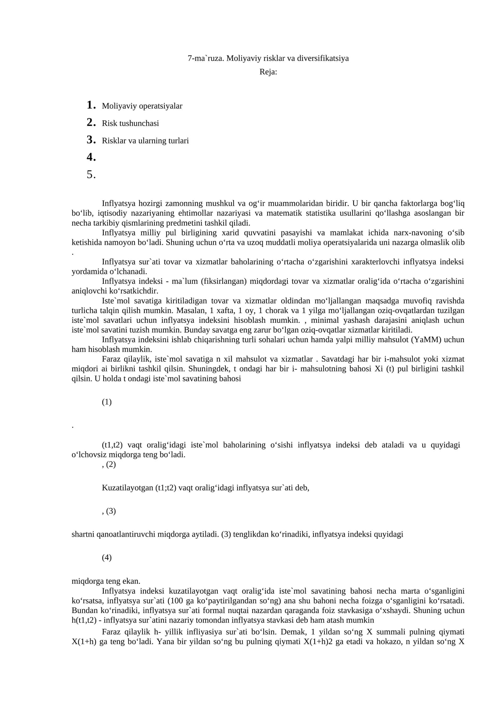 Moliyaviy risklar va diversifikatsiya 1