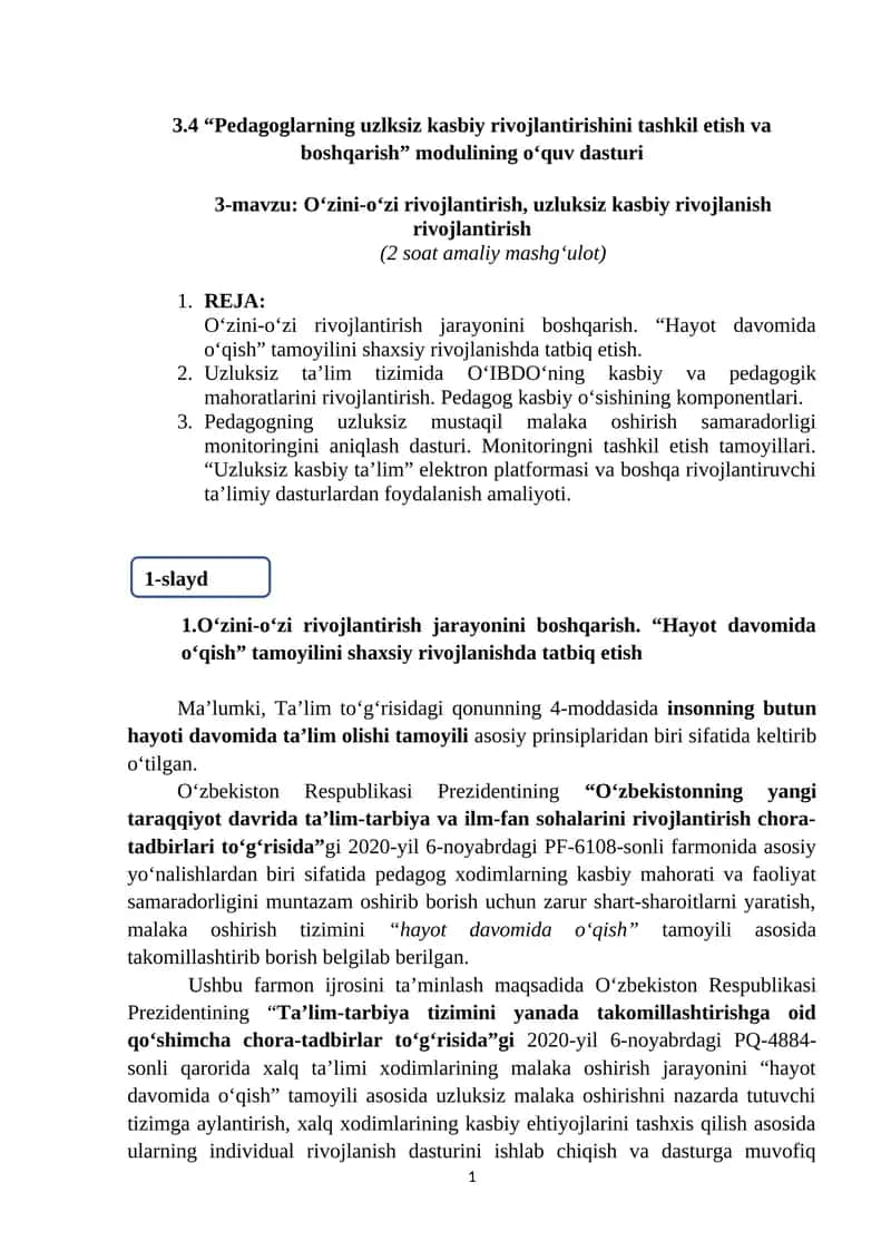O‘zini-o‘zi rivojlantirish, uzluksiz kasbiy rivojlanish rivojlantirish 1