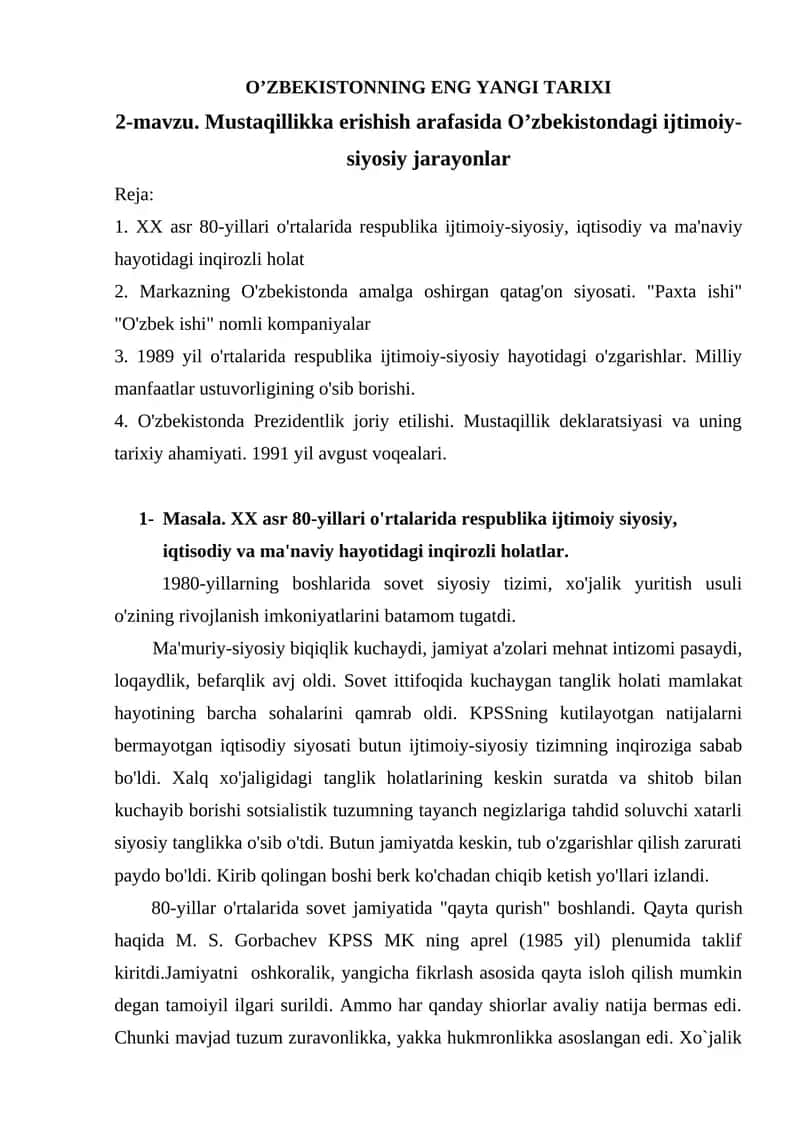 Mustaqillikka erishish arafasida O’zbekistondagi ijtimoiy-siyosiy jarayonlar 1