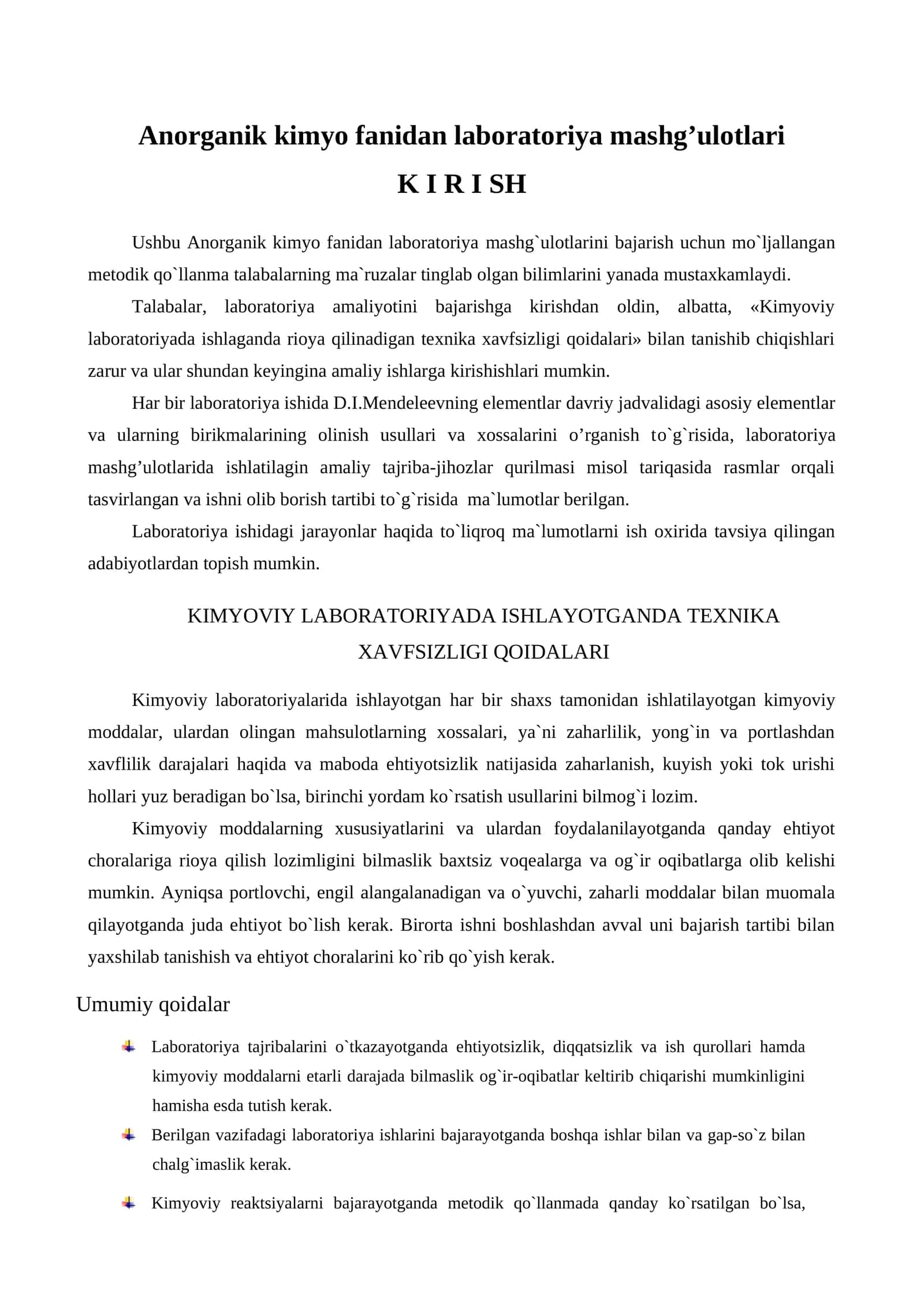 Anorganik kimyo fanidan laboratoriya mashg’ulotlari 1