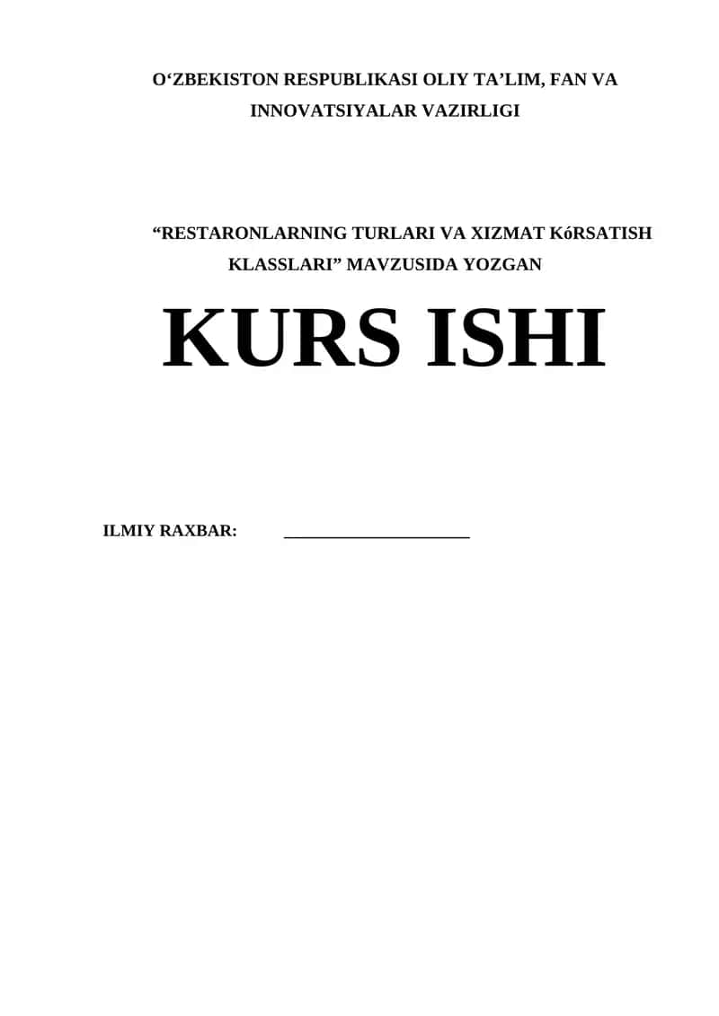 "Restoranlarning Turlari va Xizmat Ko'rsatish Klasslari" 1