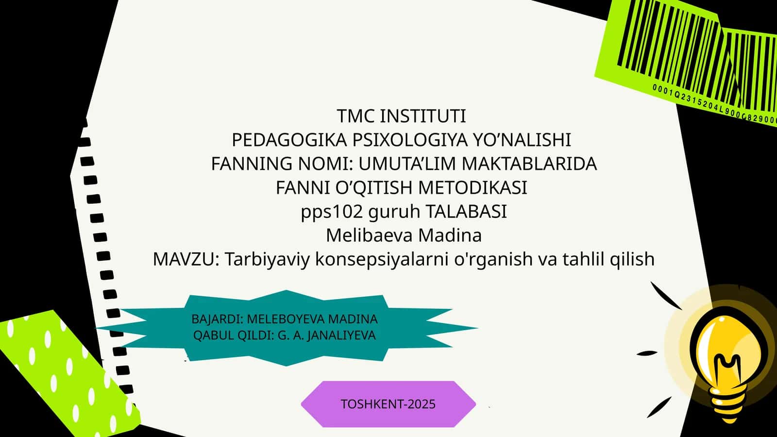 UMUTA’LIM MAKTABLARIDA FANNI O’QITISH METODIKASI 1