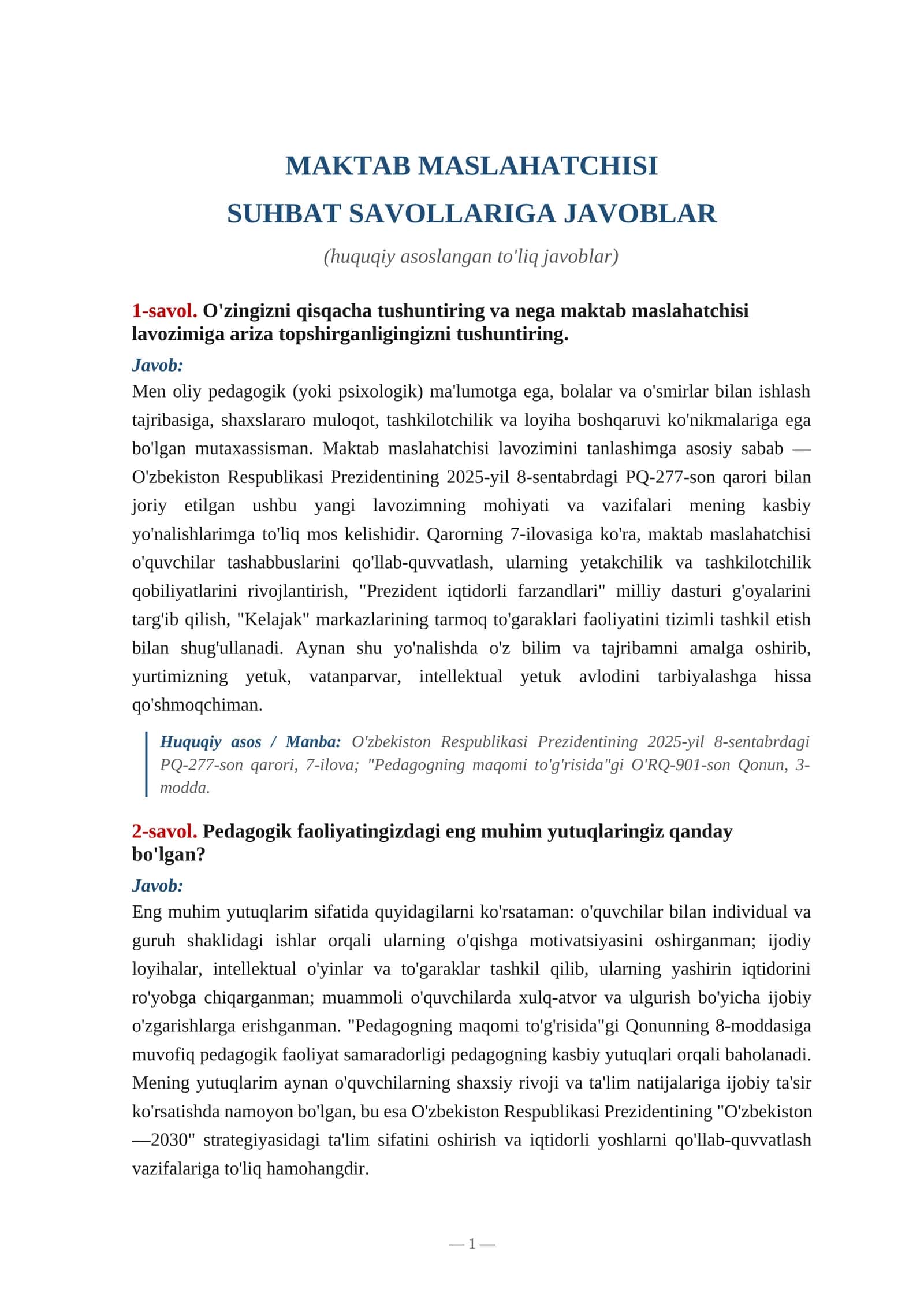 Maktab maslahatchisi savollarga javoblar 1