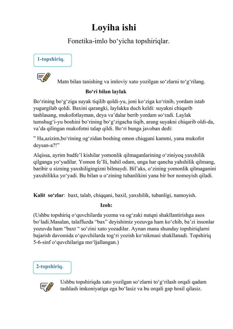 ona tili o'qitish metodikasi loyiha ishi 1