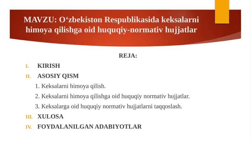 O‘zbekiston Respublikasida keksalarni himoya qilishga oid huquqiy-normativ hujjatlar 1