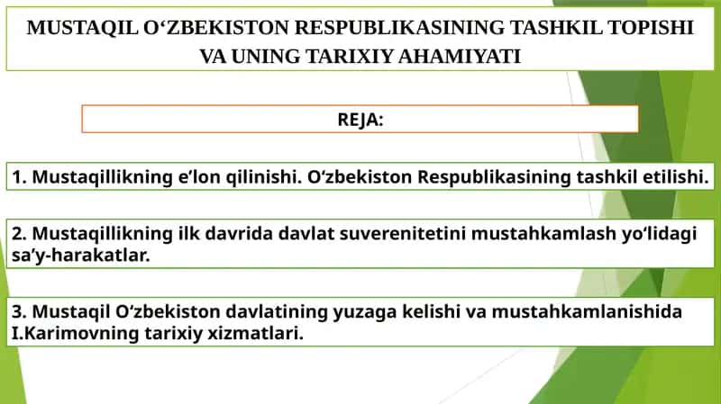 MUSTAQIL O‘ZBEKISTON RESPUBLIKASINING TASHKIL TOPISHI VA UNING TARIXIY AHAMIYATI 1
