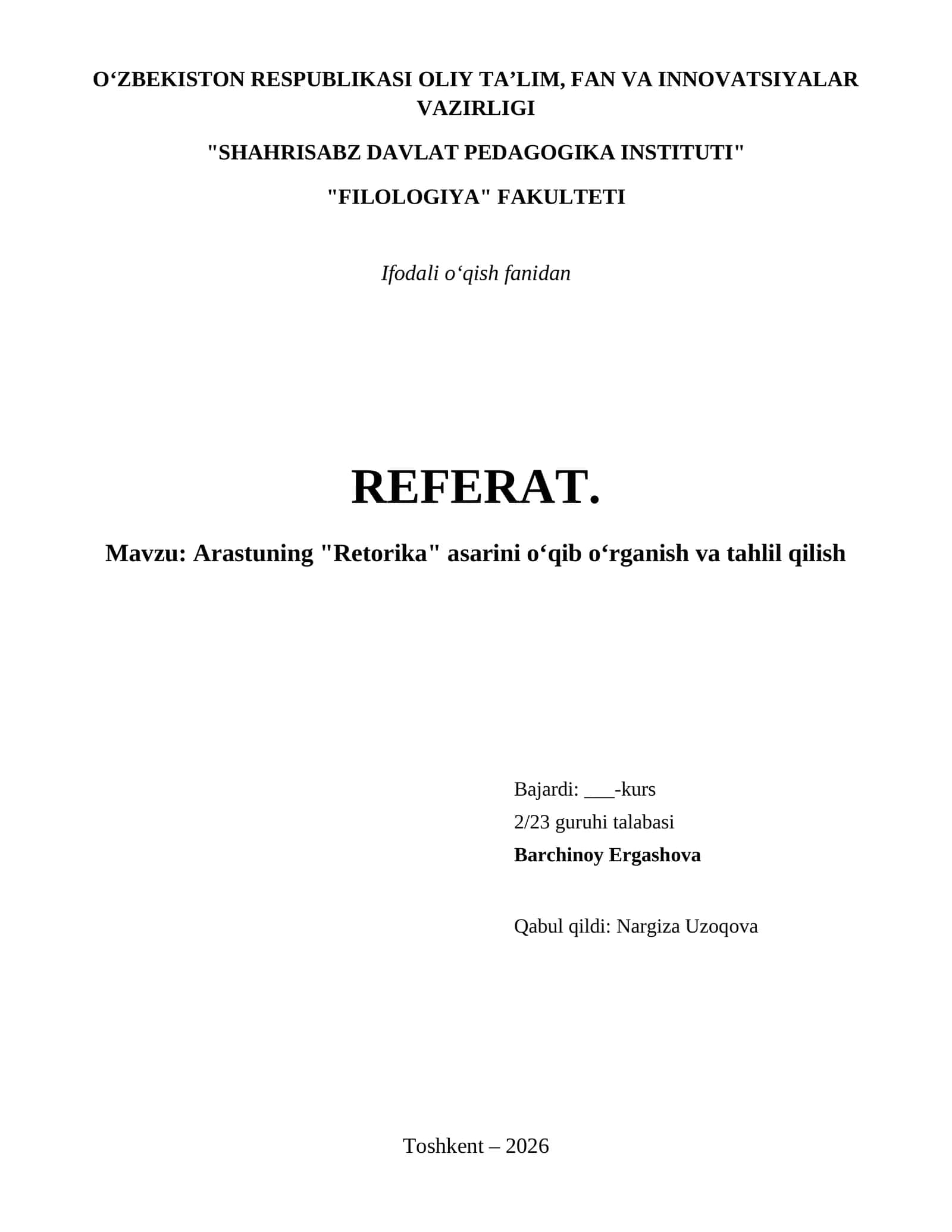 Arastuning "Retorika" asarini oʻqib oʻrganish va tahlil qilish 1