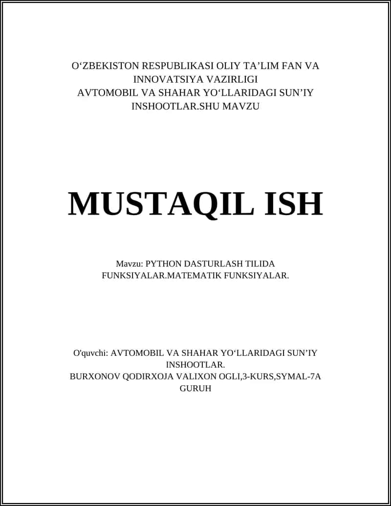 PYTHON DASTURLASH TILIDA FUNKSIYALAR 1