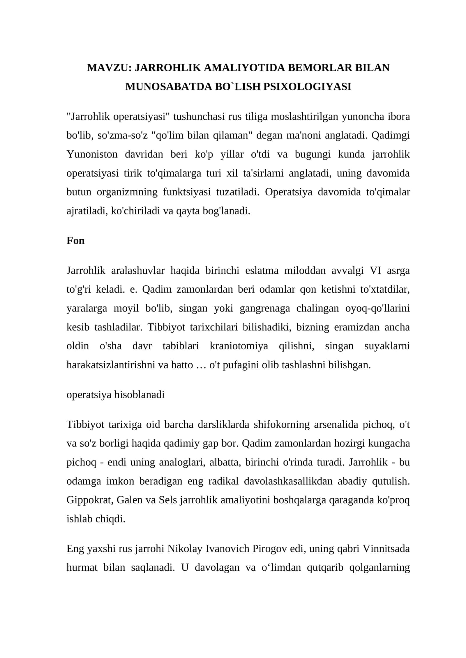 Jarrohlik amaliyotida bemorlar bilan munosabatda bo'lish psixologiyasi 1