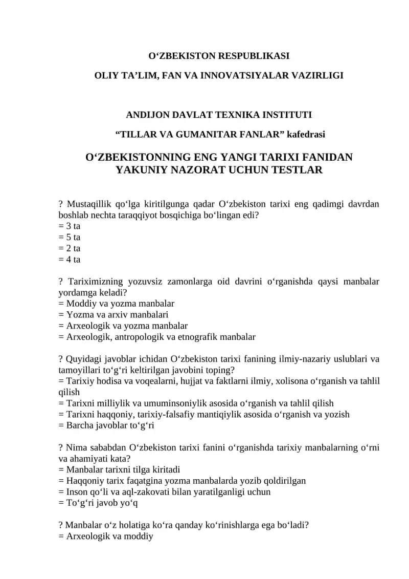 O‘zbekistonning eng yangi tarixi fanidan yakuniy nazorat uchun testlar 1