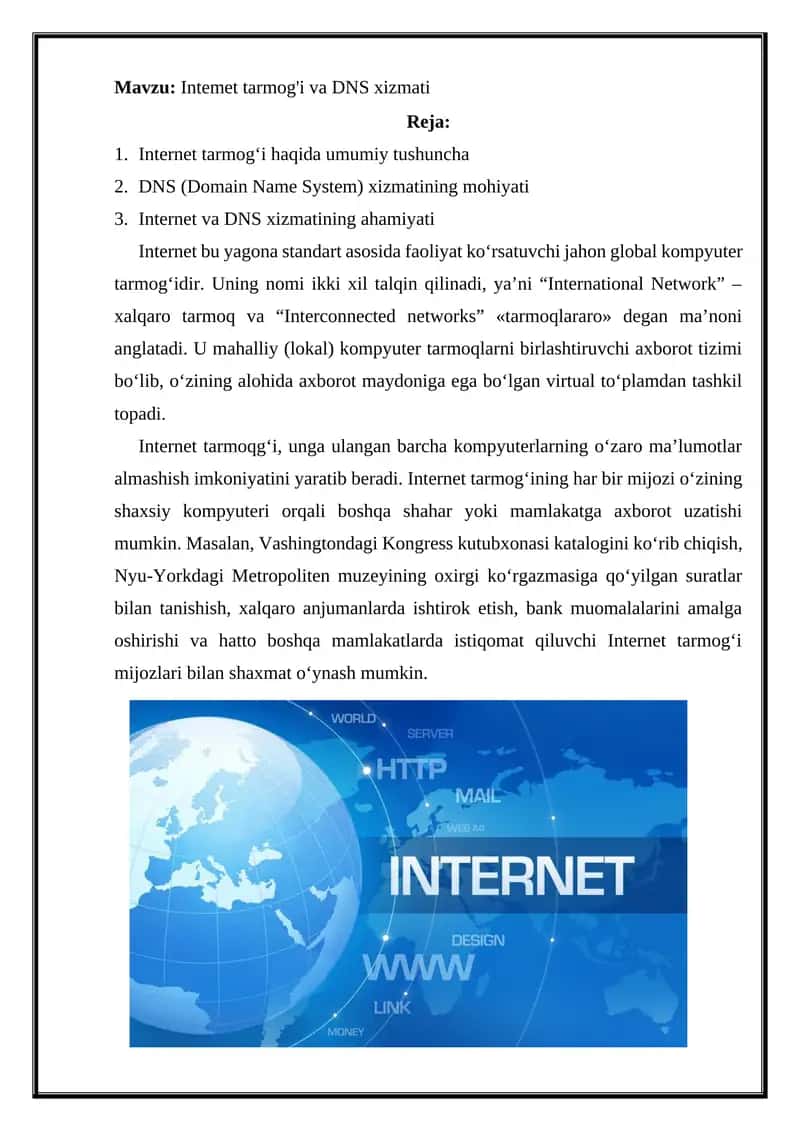 Intemet tarmog'i va DNS xizmati 1