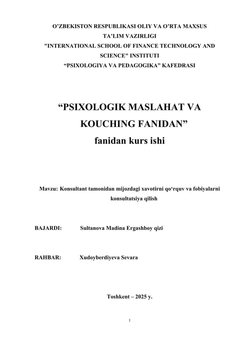 Konsultant tamonidan mijozdagi xavotirni qoʻrquv va fobiyalarni konsultatsiya qilish 1