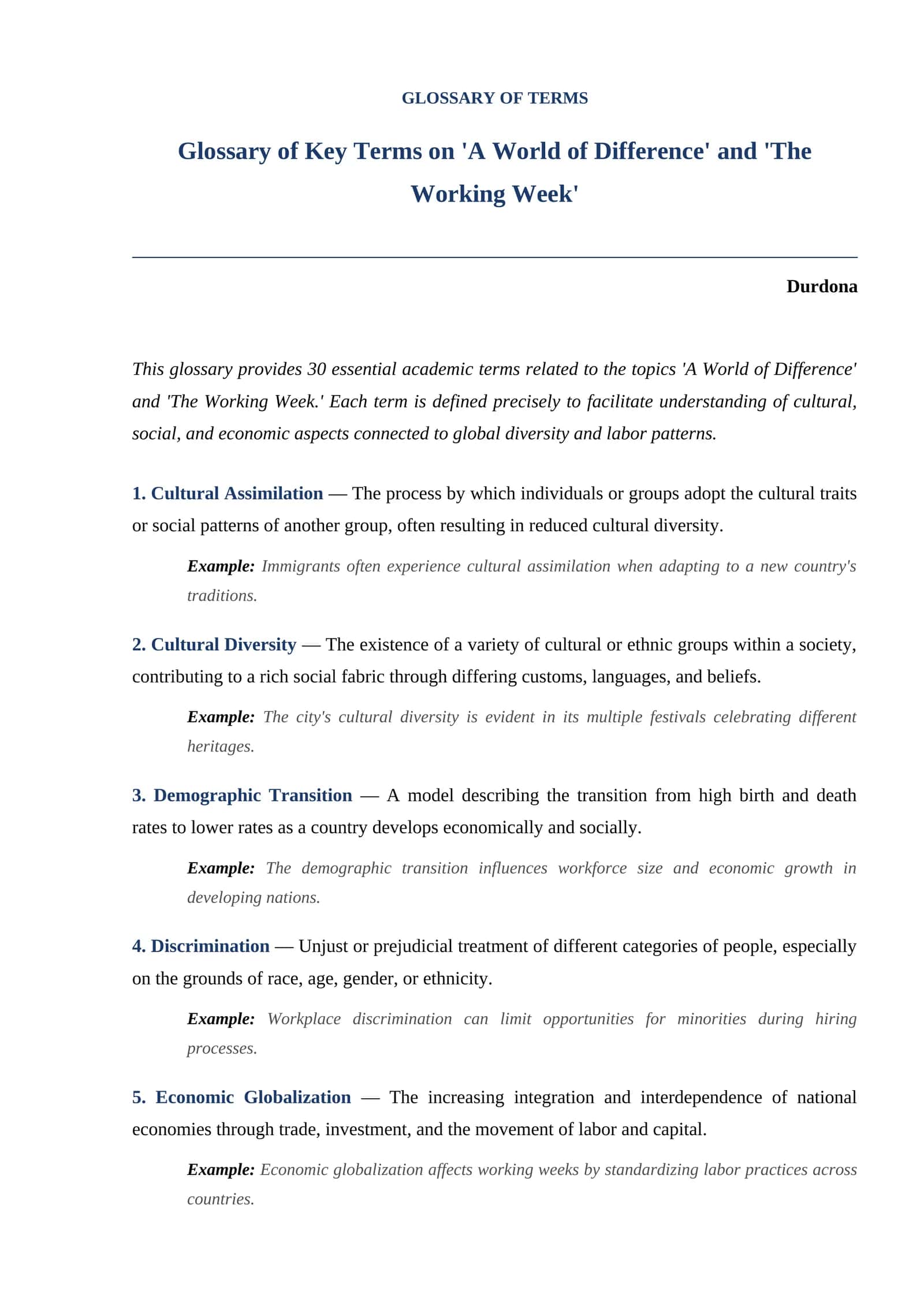 Glossary of Key Terms on 'A World of Difference' and 'The Working Week' 1