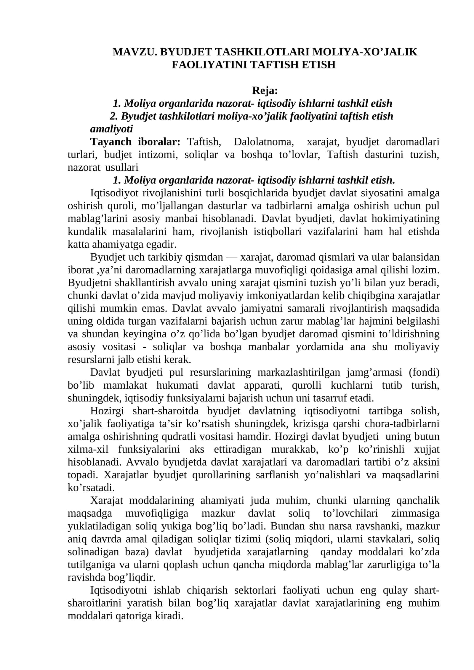 BYUDJET TASHKILOTLARI MOLIYA-XO’JALIK FAOLIYATINI TAFTISH ETISH 1