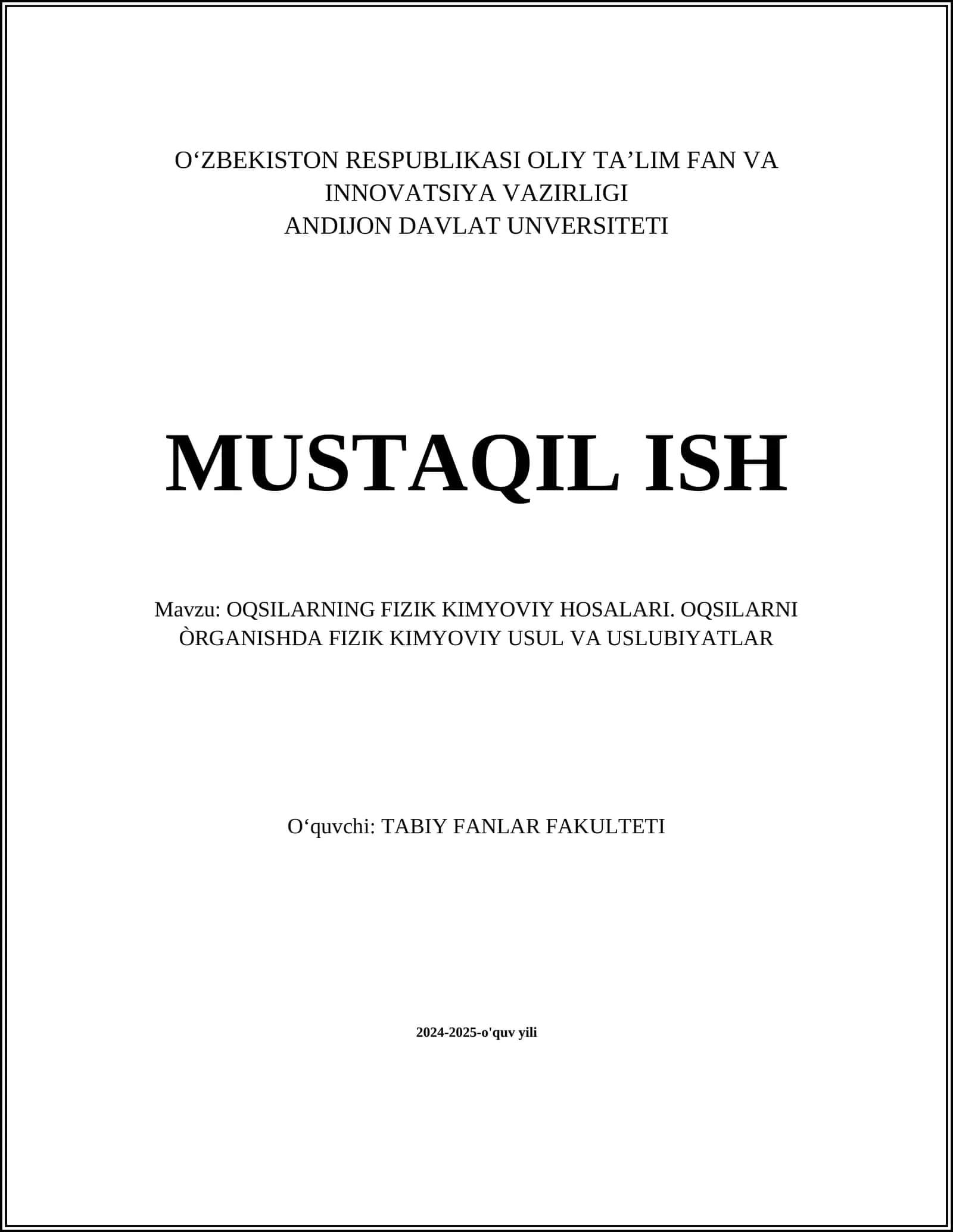 OQSILARNING FIZIK KIMYOVIY HOSALARI. OQSILARNI ÒRGANISHDA FIZIK KIMYOVIY USUL VA USLUBIYATLAR 1