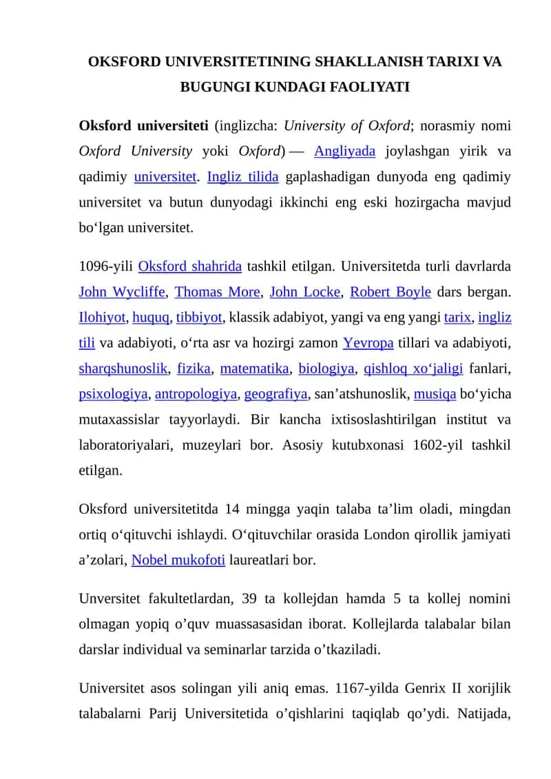 Oksford universitetining shakllanish tarixi va bugungi kundagi faoliyati 1