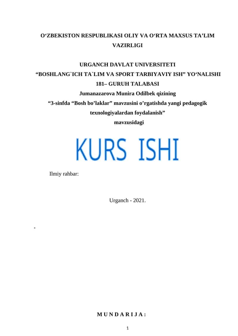 3-sinfda “Bosh bo’laklar” mavzusini o’rgatishda yangi pedagogik texnologiyalardan foydalanish 1