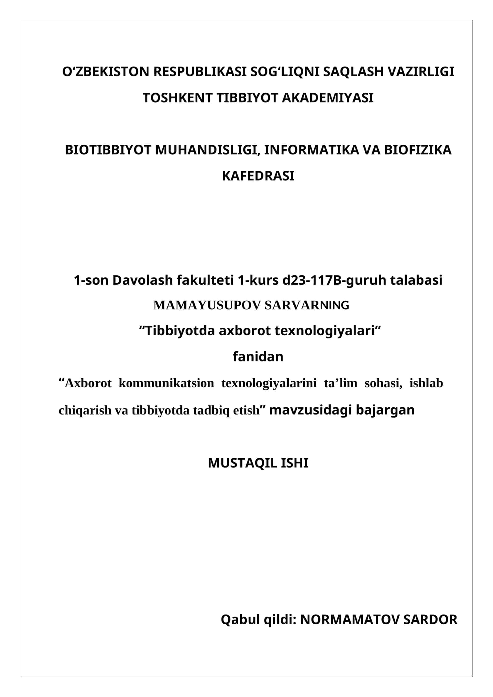 Axborot kommunikatsion texnologiyalarini ta’lim sohasi, ishlab chiqarish va tibbiyotda tadbiq etish 1