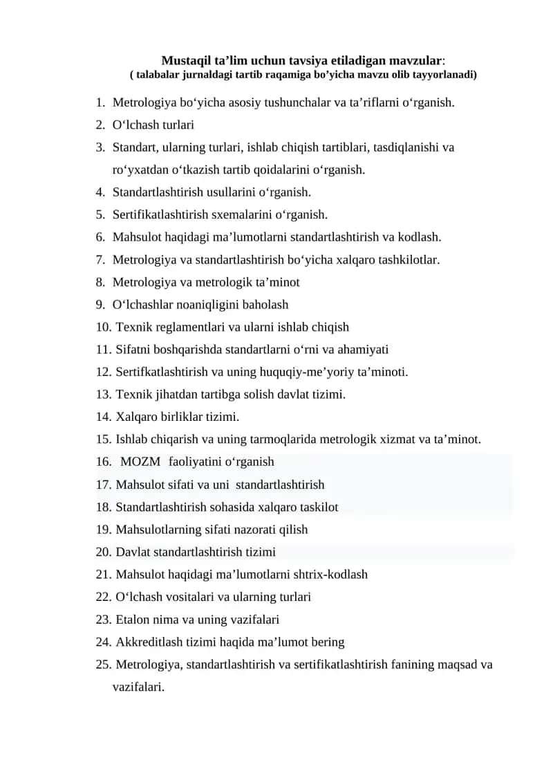 Mustaqil taʼlim uchun metrologiya mavzulari 1