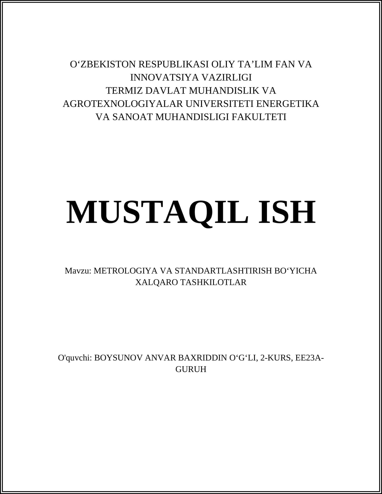 METROLOGIYA VA STANDARTLASHTIRISH BOʻYICHA XALQARO TASHKILOTLAR 1