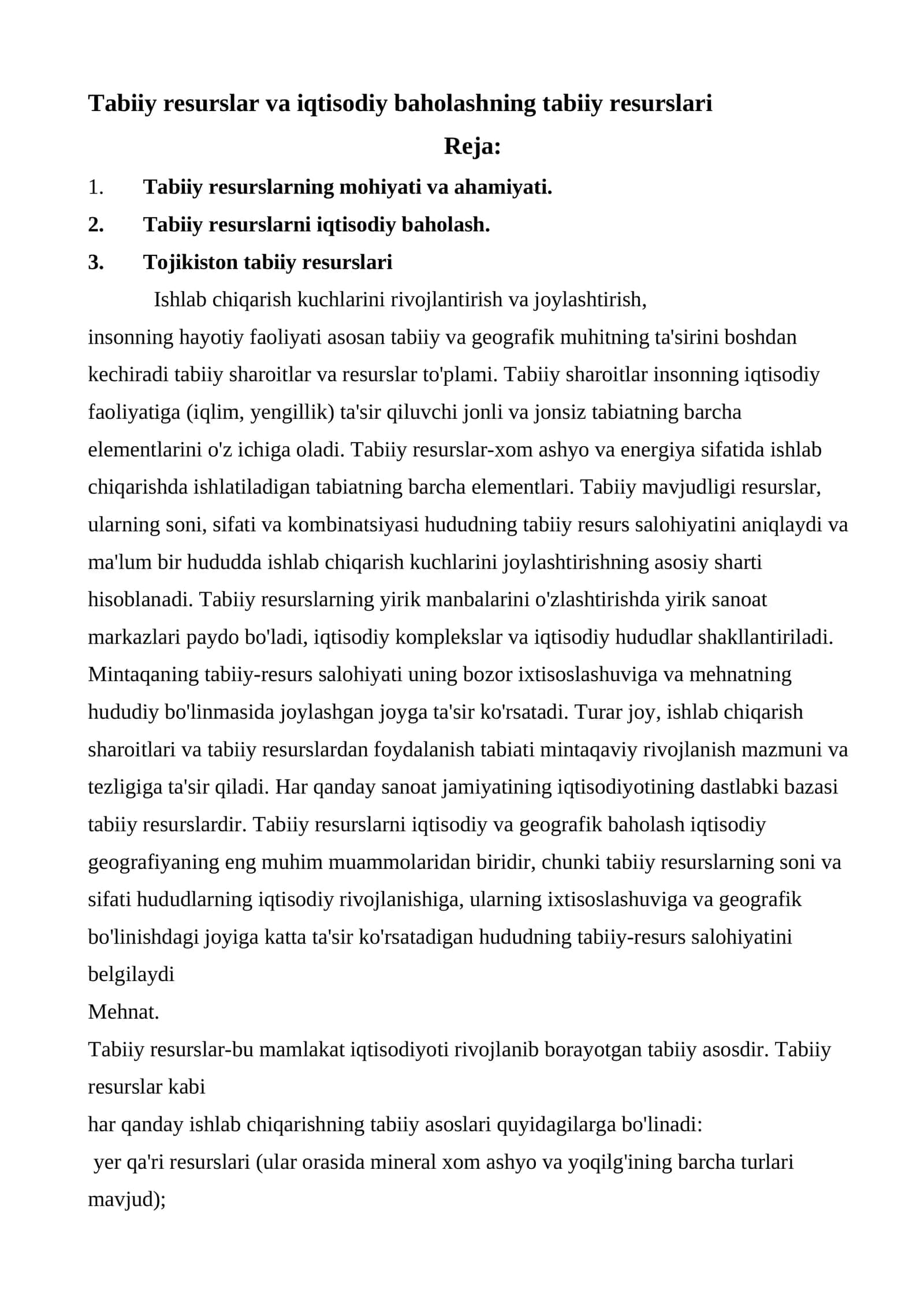 Tabiiy Resurslar va Iqtisodiy Baholashning Tabiiy Resurslari 1
