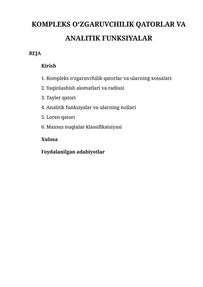 KOMPLEKS O‘ZGARUVCHILIK QATORLAR VA ANALITIK FUNKSIYALAR