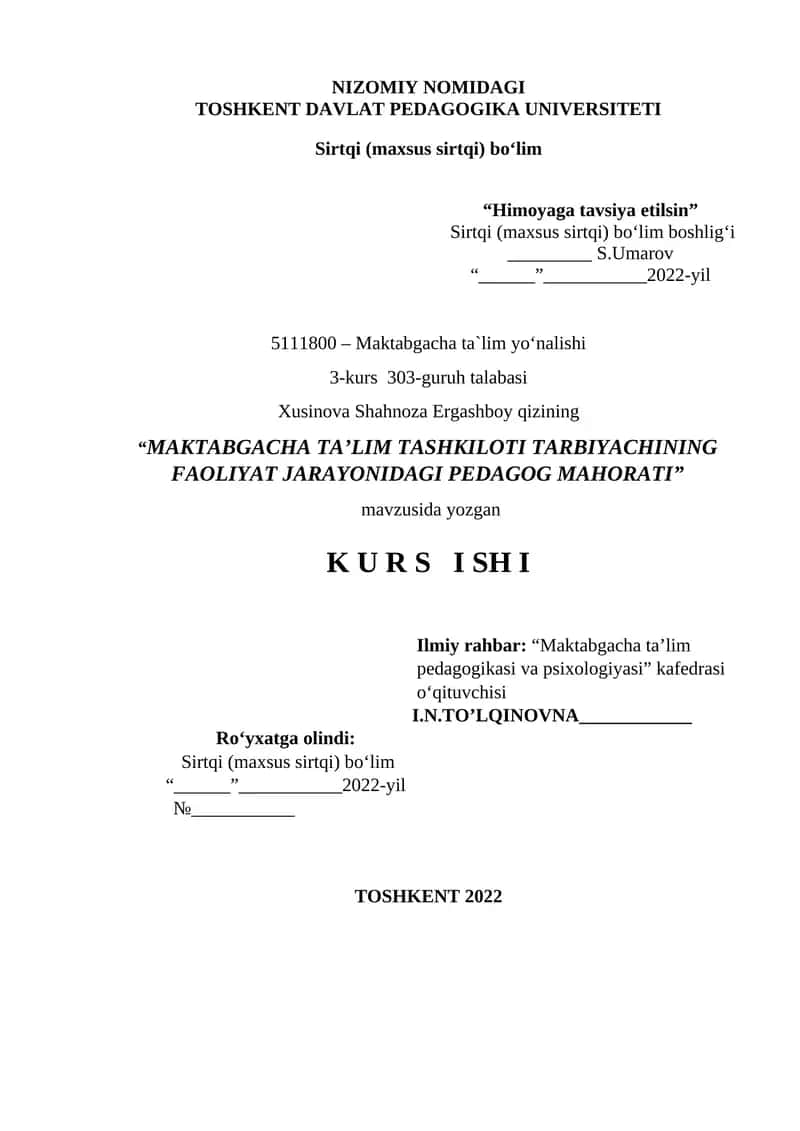 MAKTABGACHA TA’LIM TASHKILOTI TARBIYACHINING FAOLIYAT JARAYONIDAGI PEDAGOG MAHORATI 1