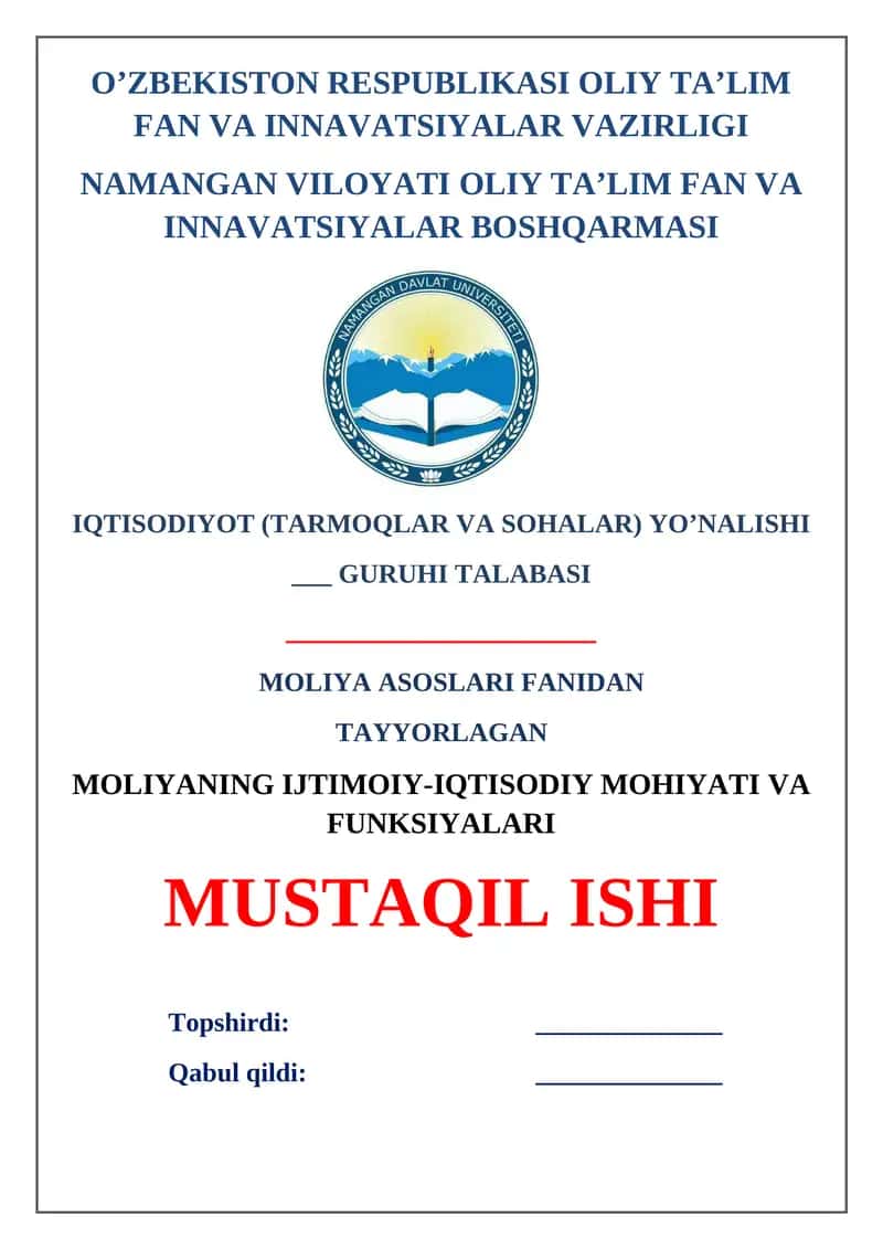 Moliyaning ijtimoiy-iqtisodiy mohiyati va funksiyalari 1