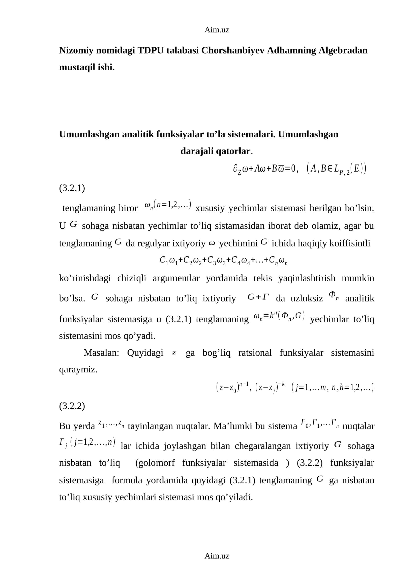 Umumlashgan analitik funksiyalar to’la sistemalari 1