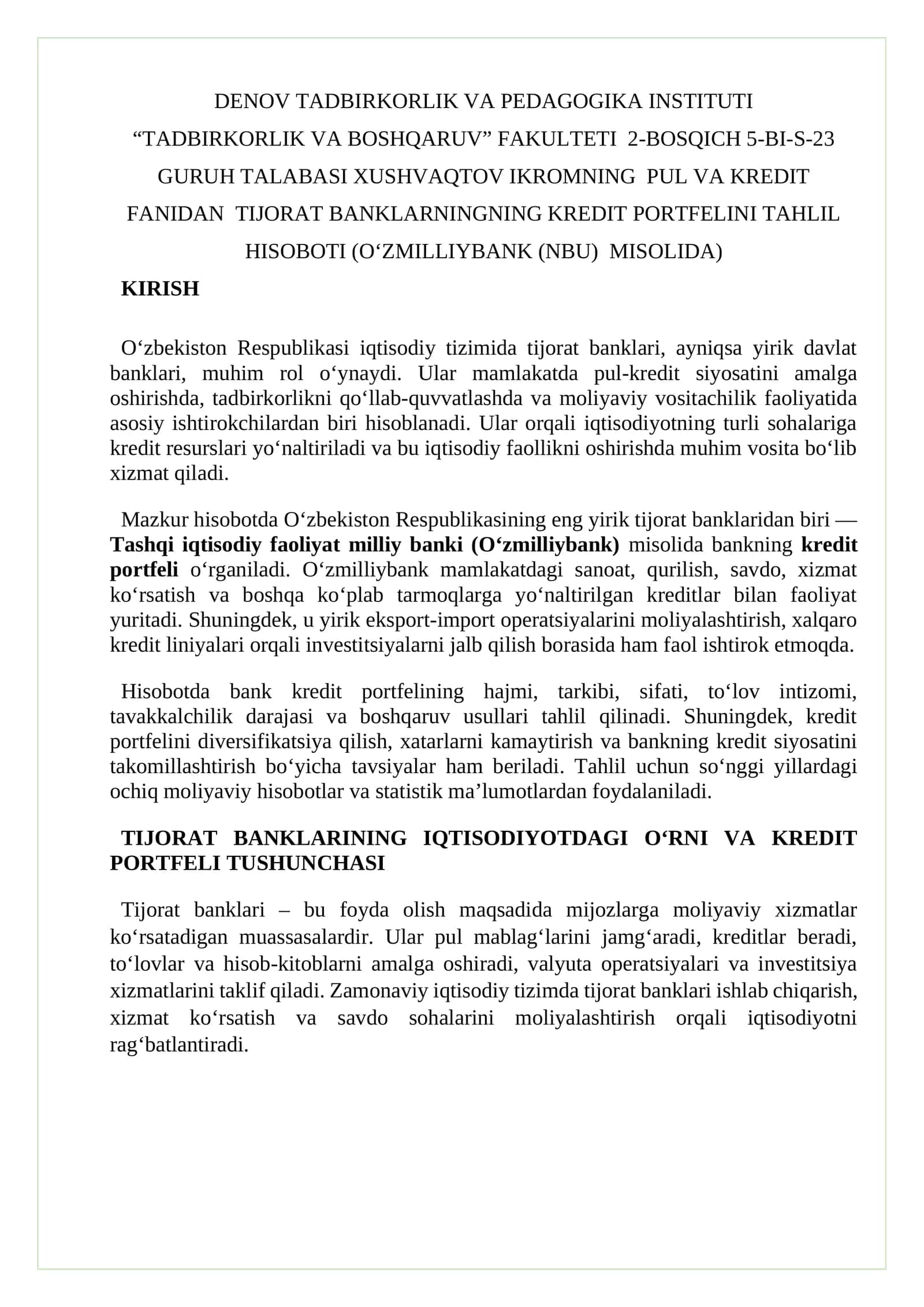 TIJORAT BANKLARNINGNING KREDIT PORTFELINI TAHLIL HISOBOTI (O‘ZMILLIYBANK (NBU)  MISOLIDA) 1