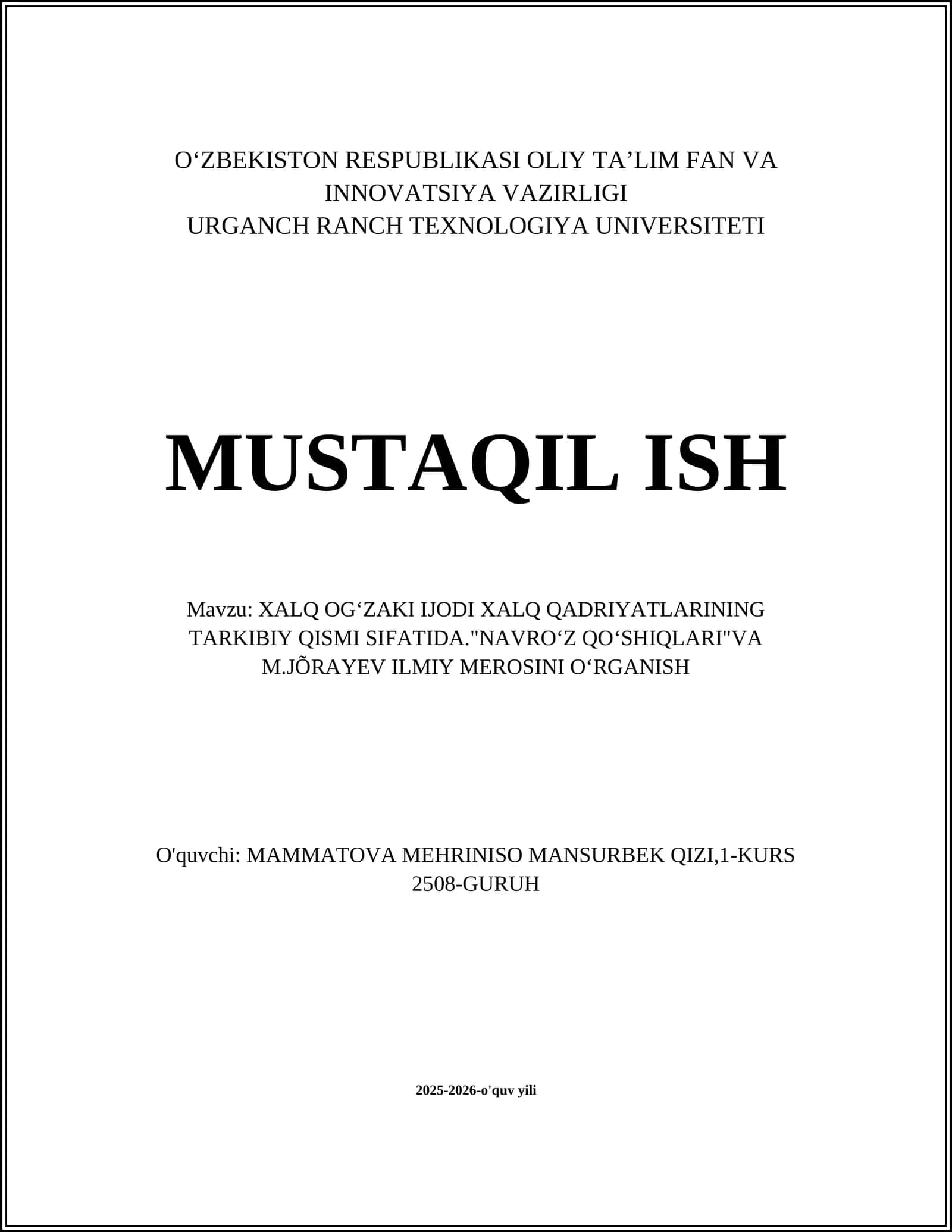 "NAVROʻZ QOʻSHIQLARI"VA M.JÕRAYEV ILMIY MEROSINI OʻRGANISH 1