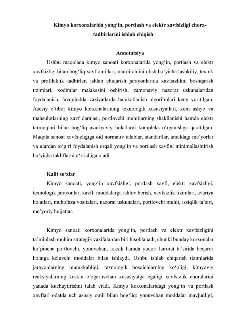 Kimyo korxonalarida yong‘in, portlash va elektr xavfsizligi chora-tadbirlarini ishlab chiqish 1