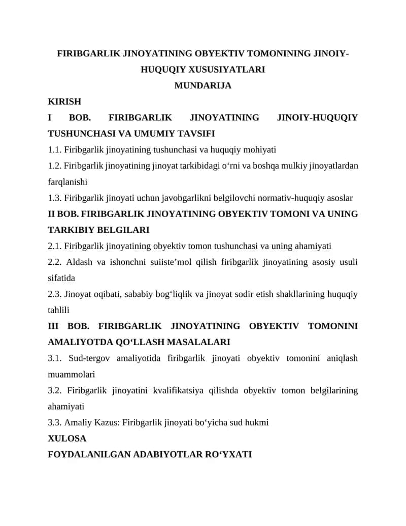 FIRIBGARLIK JINOYATINING OBYEKTIV TOMONINING JINOIY-HUQUQIY XUSUSIYATLARI 1