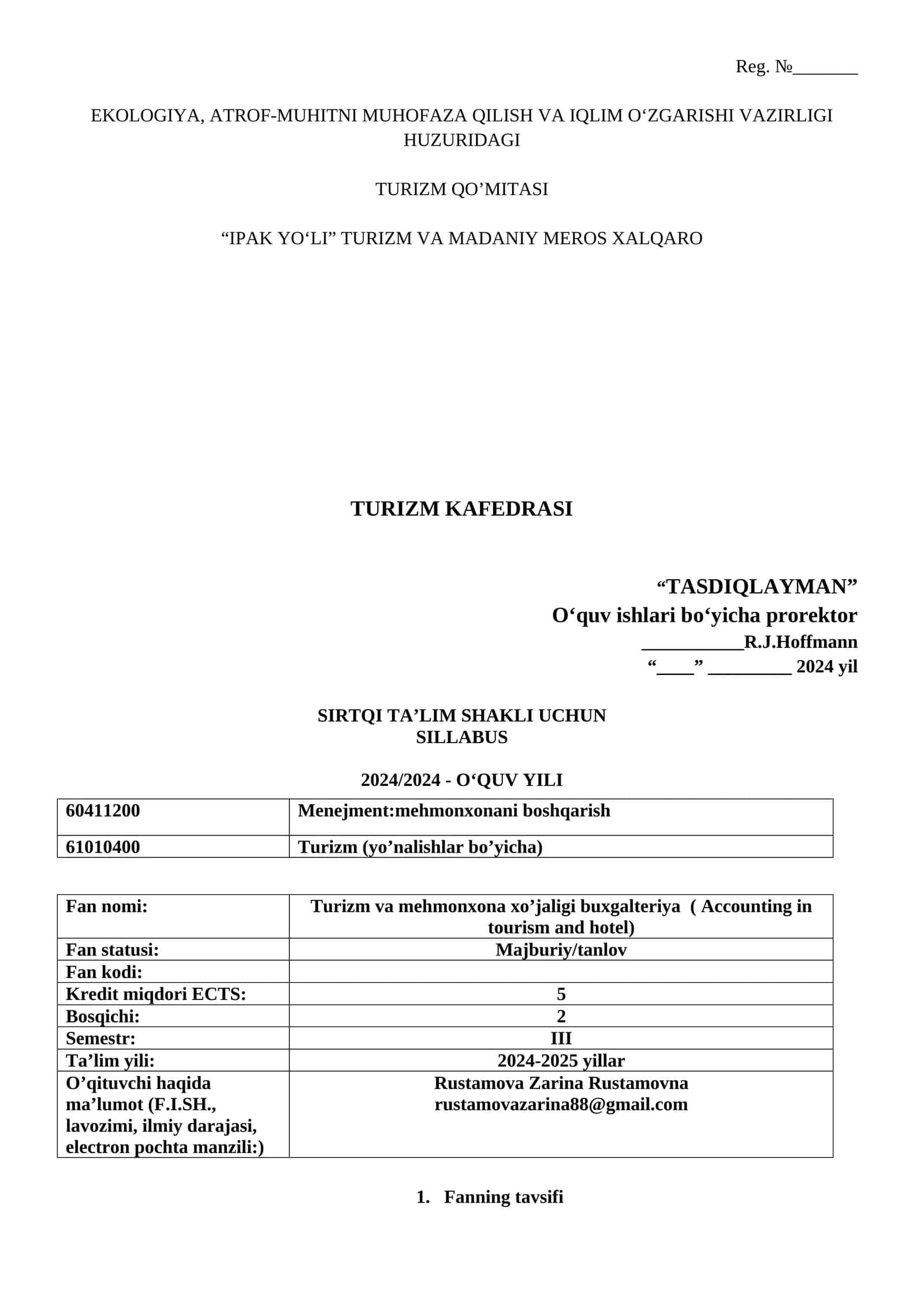 Turizm va mehmonxona xo’jaligi buxgalteriya ( Accounting in tourism and hotel) 1