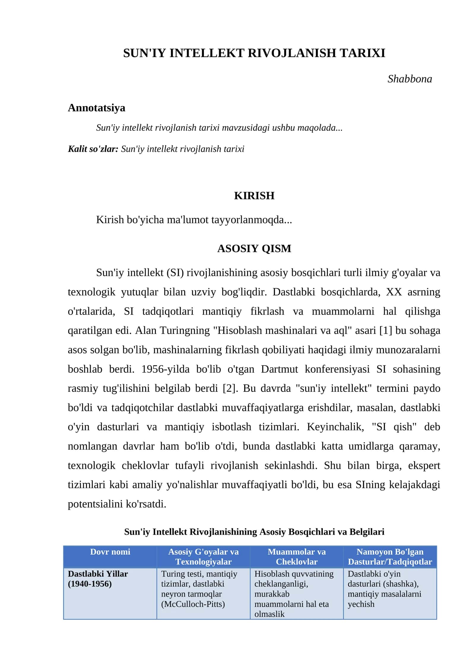 SUN'IY INTELLEKT RIVOJLANISH TARIXI 1