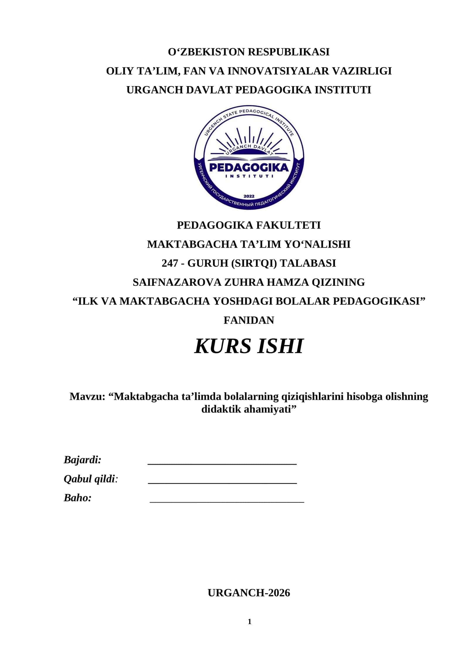 Maktabgacha ta’limda bolalarning qiziqishlarini hisobga olishning didaktik ahamiyati 1