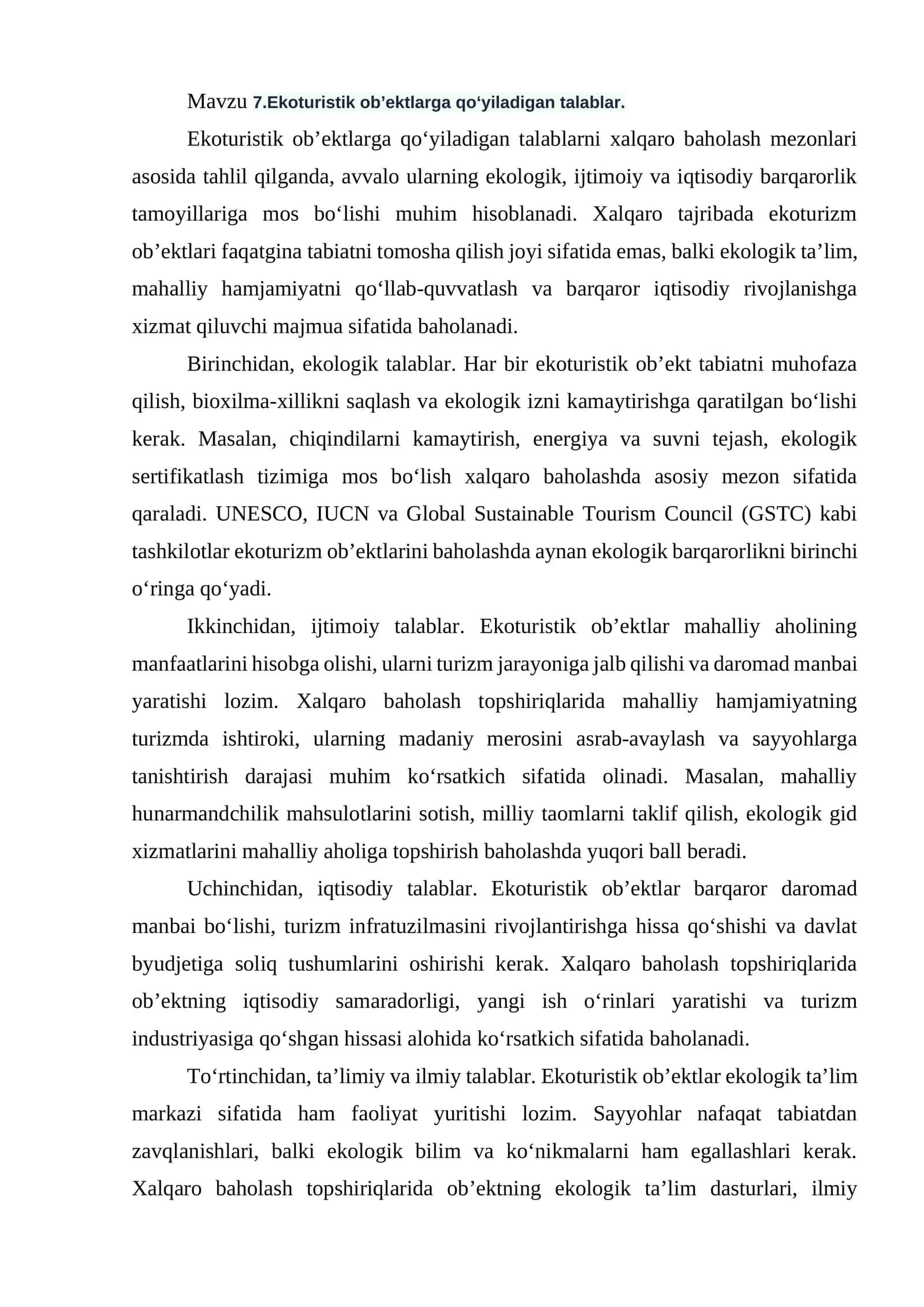 Ekoturistik ob’ektlarga qo‘yiladigan talablar 1