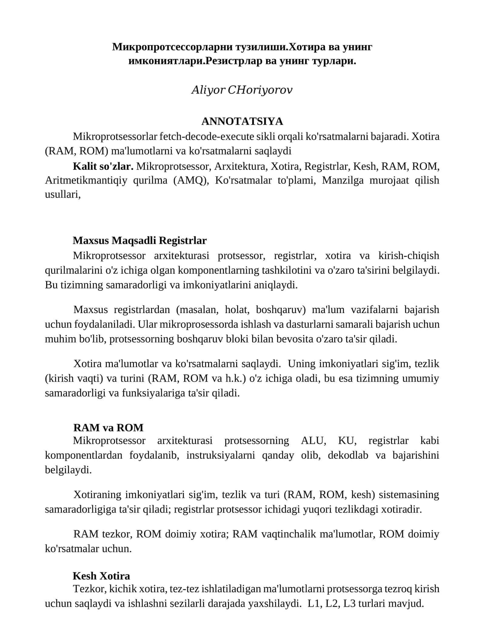 Mikroprotsessorlar tuzilishi va imkoniyatlari 1