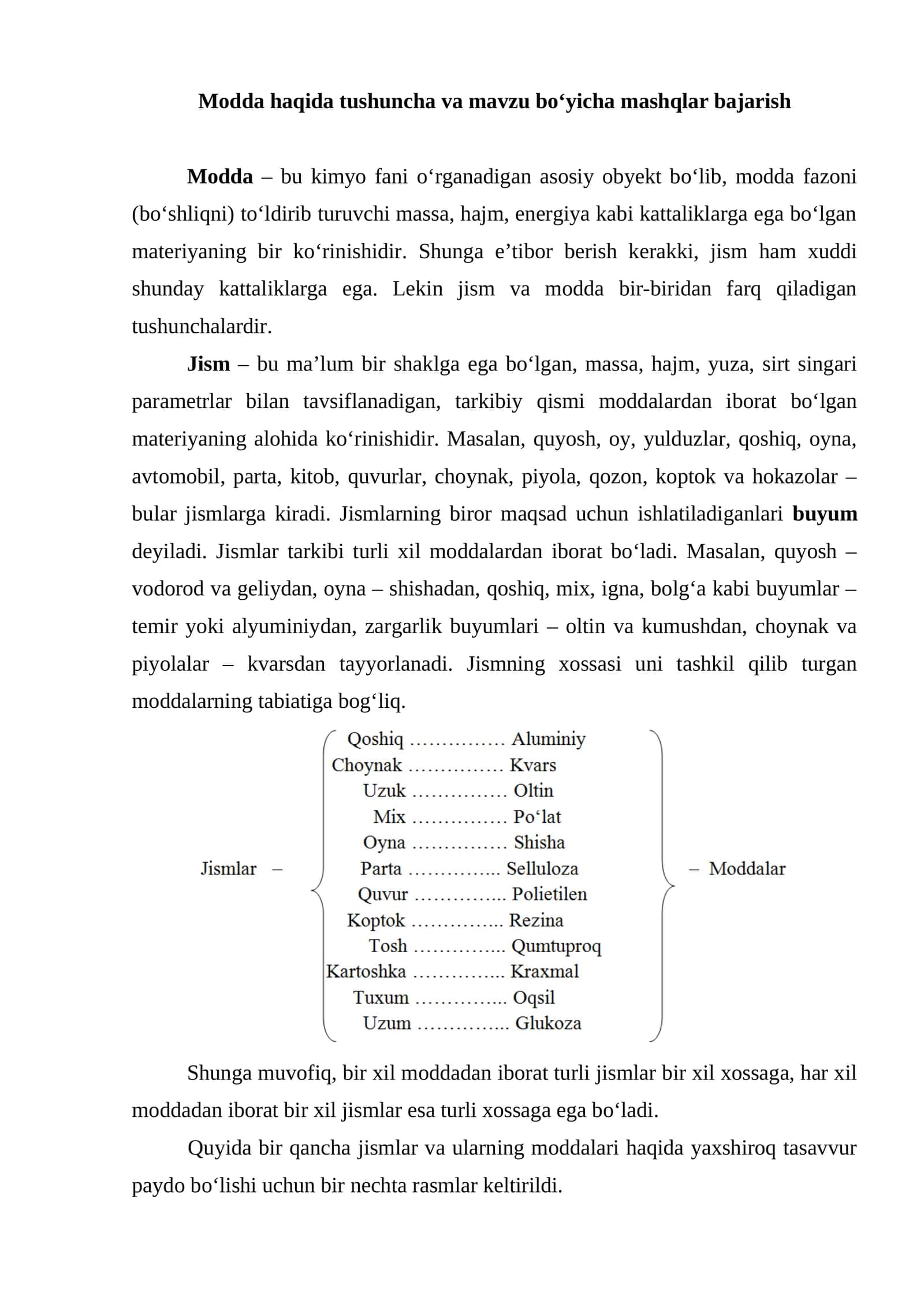 Modda haqida tushuncha va mavzu boʻyicha mashqlar bajarish 1