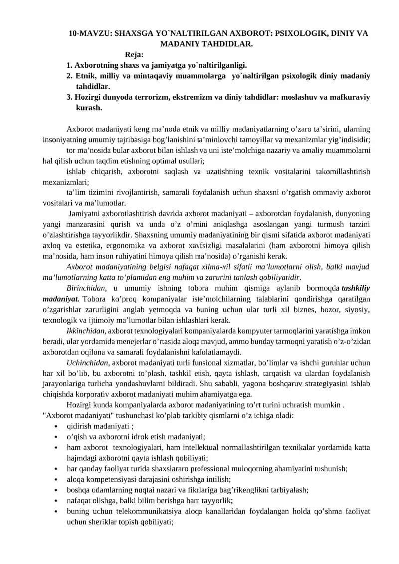 SHAXSGA YO`NALTIRILGAN AXBOROT: PSIXOLOGIK, DINIY VA MADANIY TAHDIDLAR 1