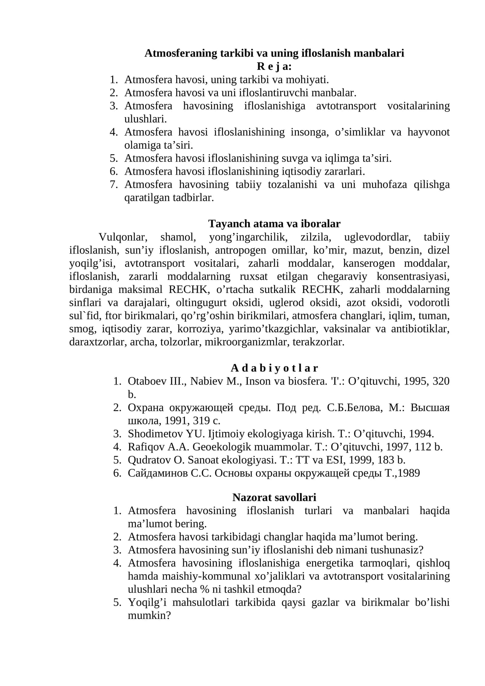 Atmosferaning tarkibi va uning ifloslanish manbalari 1