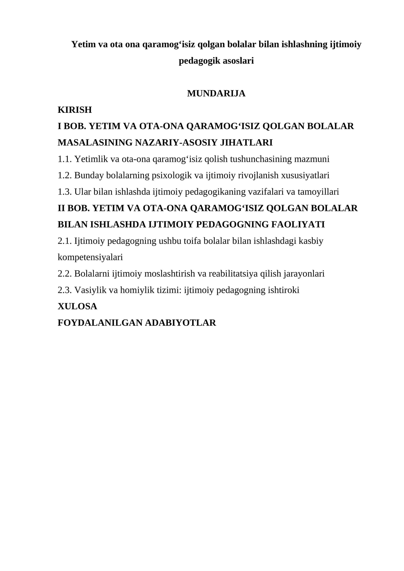 Yetim va ota ona qaramogʻisiz qolgan bolalar bilan ishlashning ijtimoiy pedagogik asoslari 1