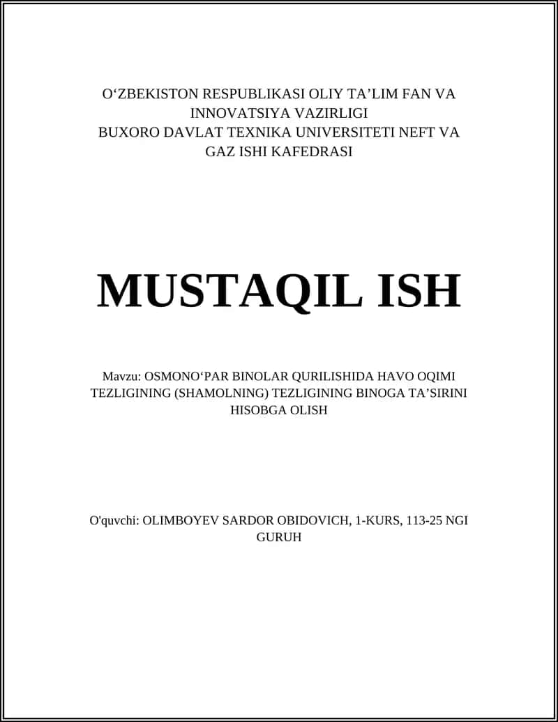 OSMONO‘PAR BINOLAR QURILISHIDA HAVO OQIMI TEZLIGINING (SHAMOLNING) TEZLIGINING BINOGA TA’SIRINI HISOBGA OLISH 1