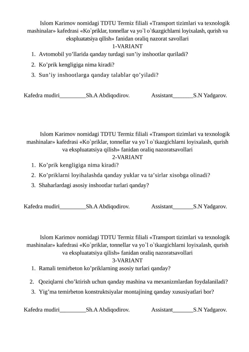 Ko`priklar, tonnellar va yo`l o`tkazgichlarni loyixalash, qurish va ekspluatatsiya qilish 1