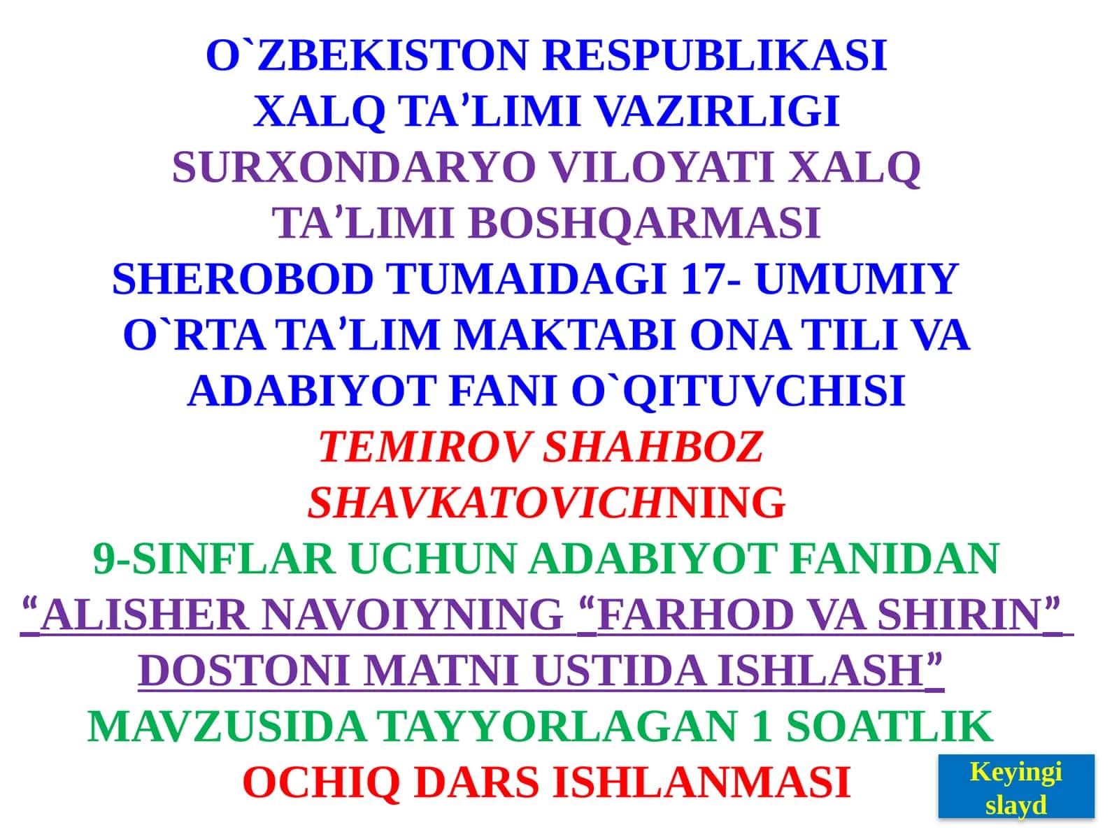 9-sinf Adabiyot fani Alisher Navoiy Farhod va Shirin dostoni ochiq dars ishlanma 1