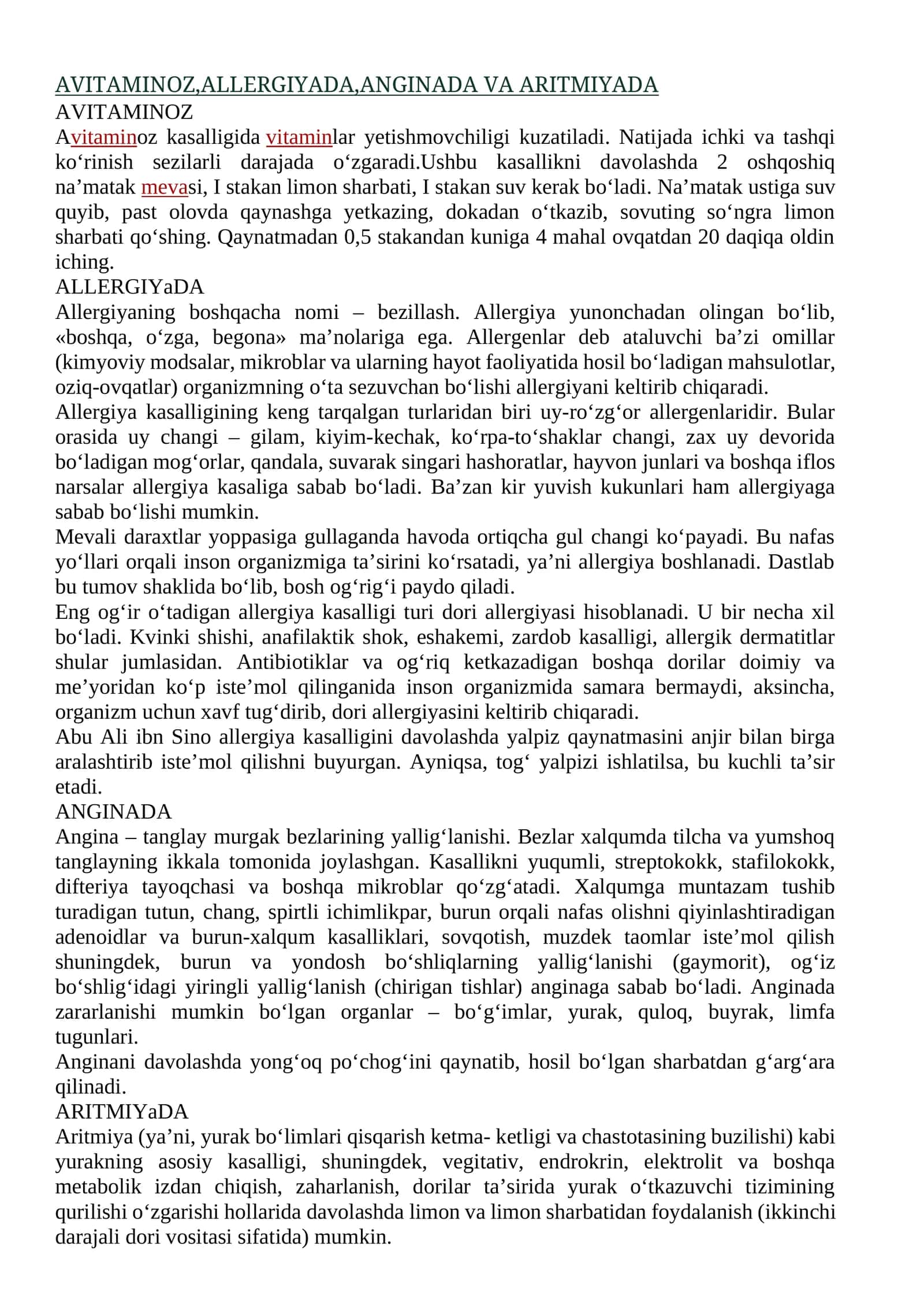 AVITAMINOZ, ALLERGIYADA, ANGINADA VA ARITMIYADA 1