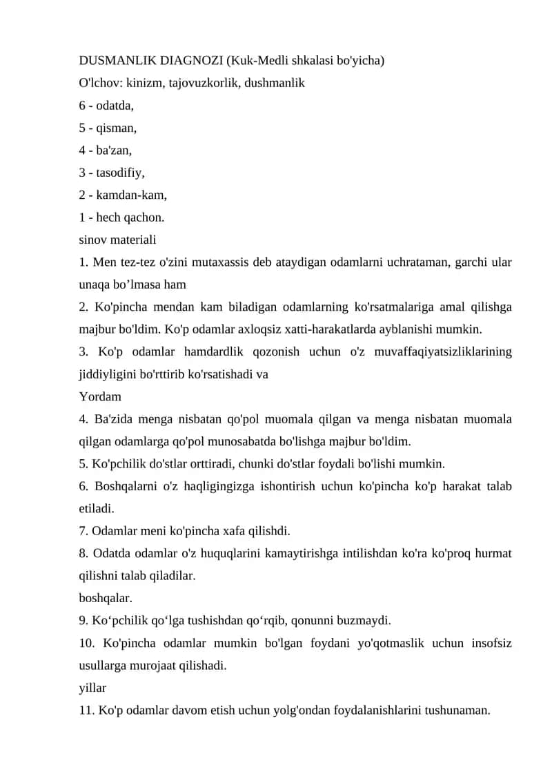 DUSMANLIK DIAGNOZI (Kuk-Medli shkalasi bo'yicha) 1