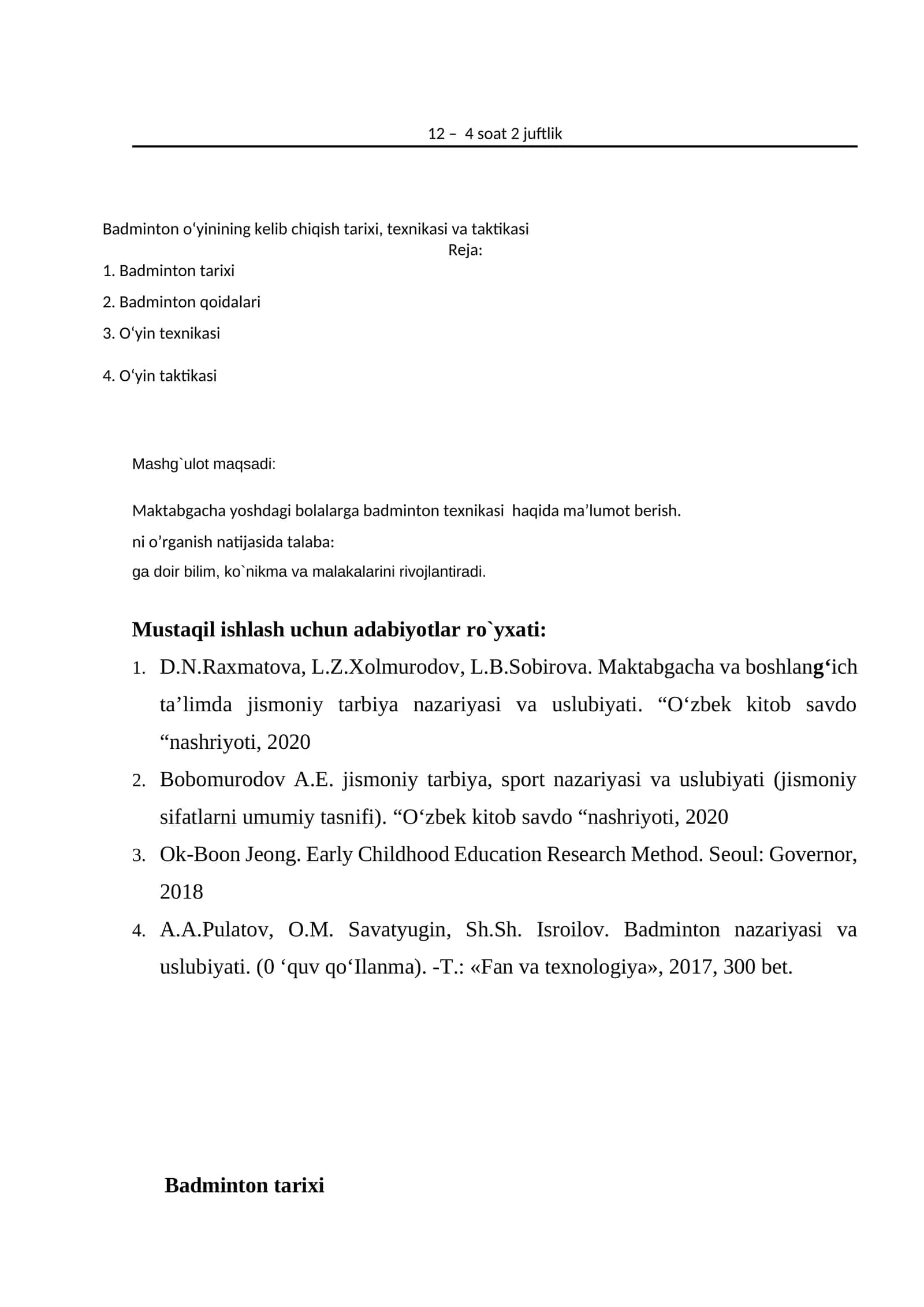 Badminton tarixi, texnikasi va taktikasi 1
