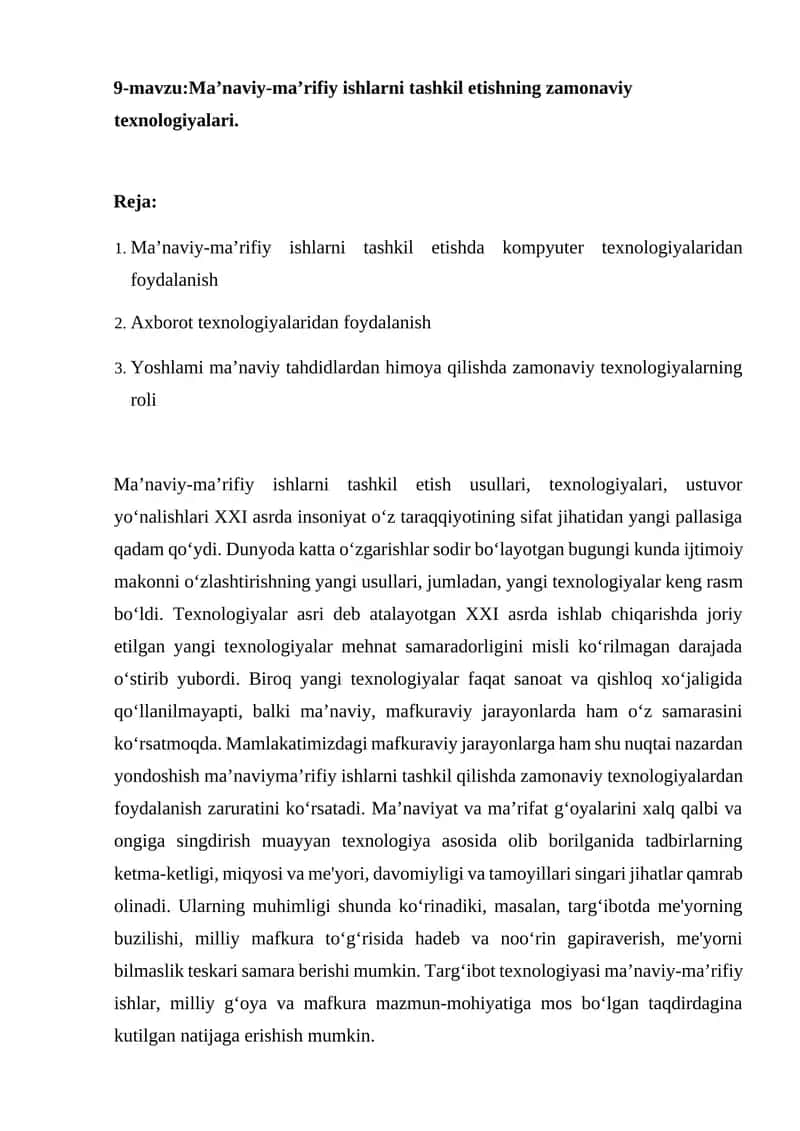 Ma’naviy-ma’rifiy ishlarni tashkil etishning zamonaviy texnologiyalari. 1