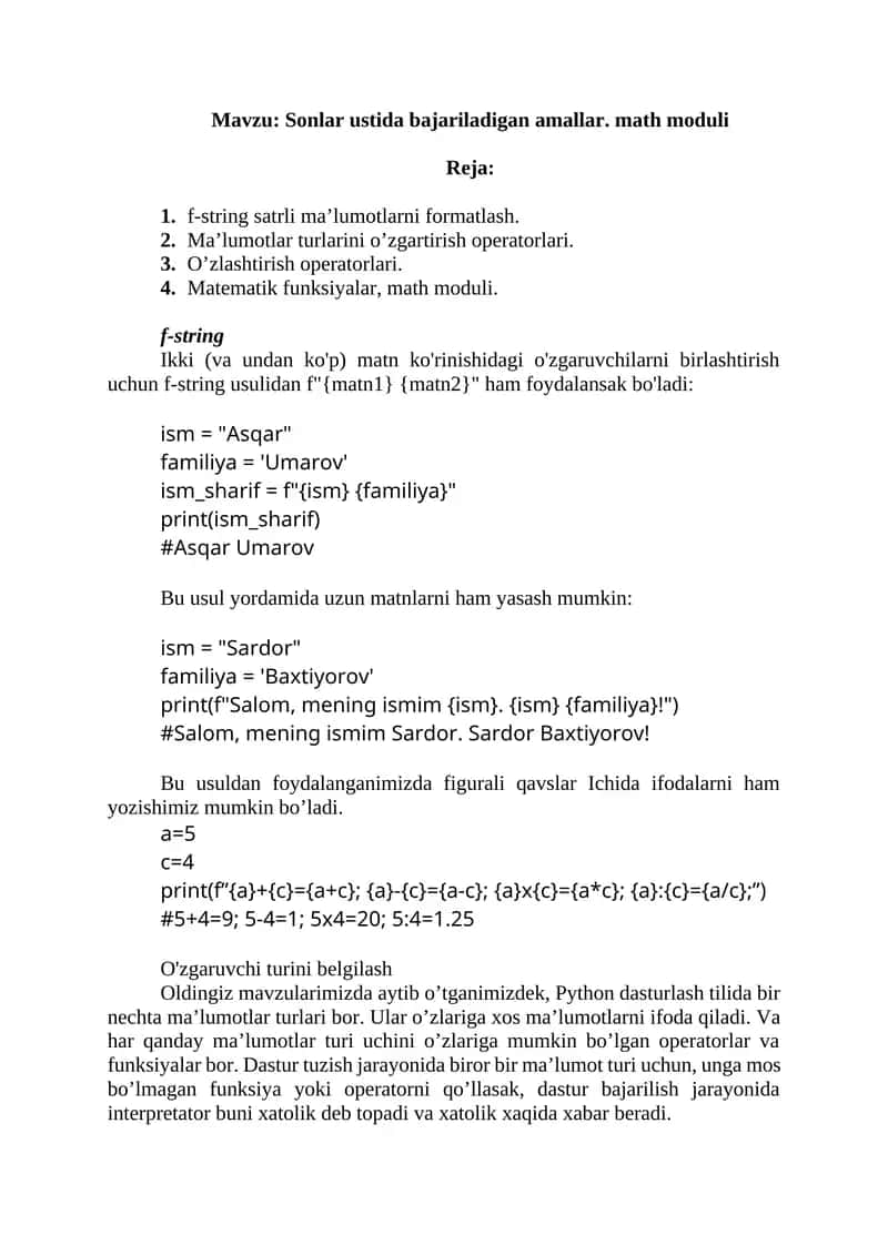 Sonlar ustida bajariladigan amallar. math moduli 1
